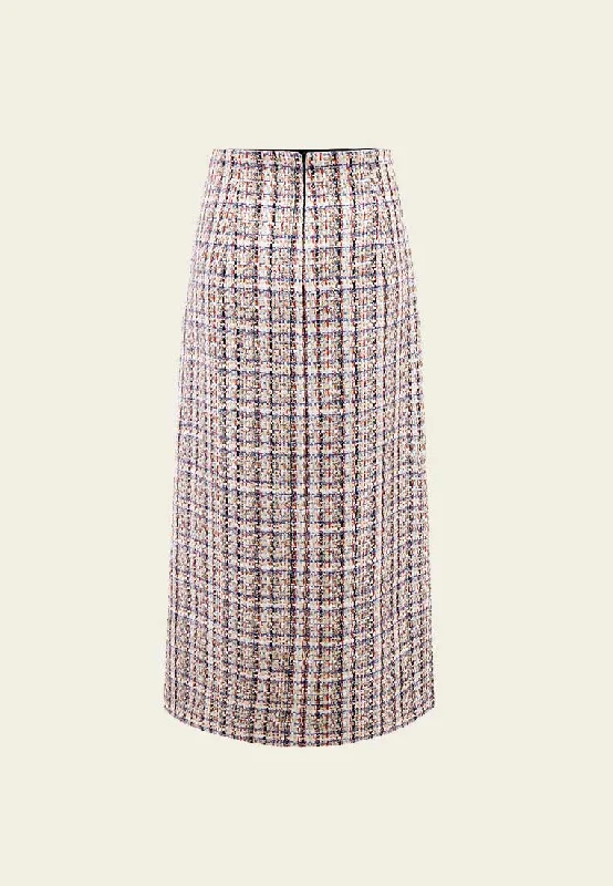 Mixed Tweed Lapel Calf Length Slit Skirt