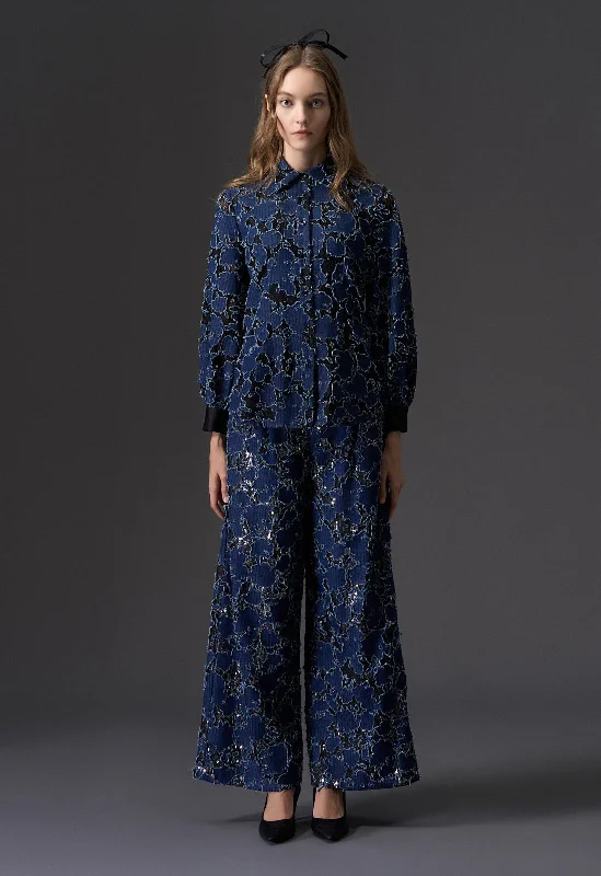 Reconstructed Denim Lace Wide Leg Pants