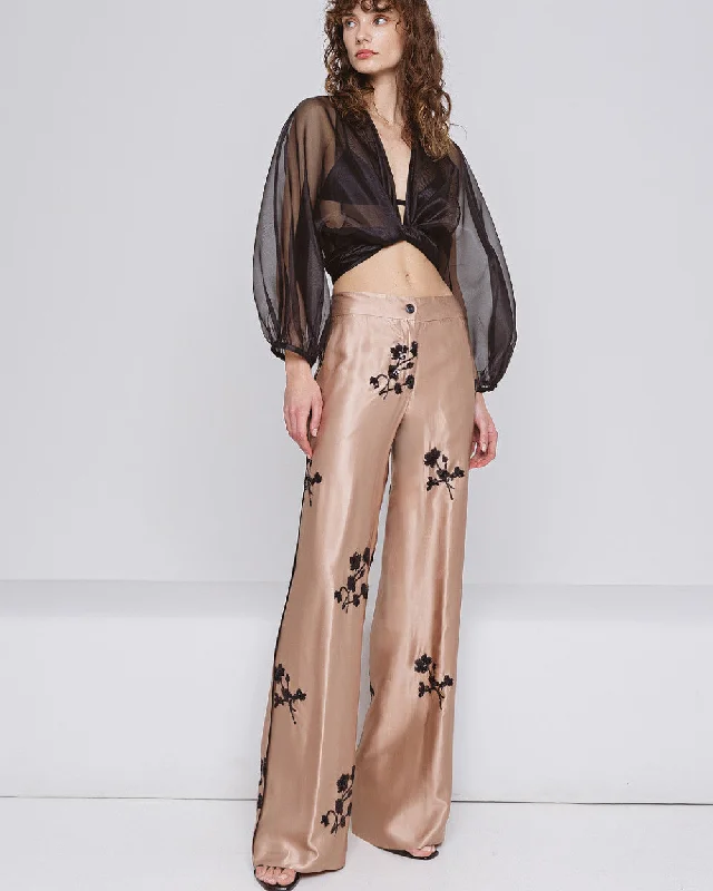 Access Fashion Gold Wide Leg Trousers With Floral Embroidery