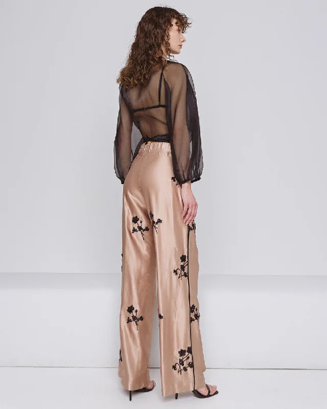 Access Fashion Gold Wide Leg Trousers With Floral Embroidery