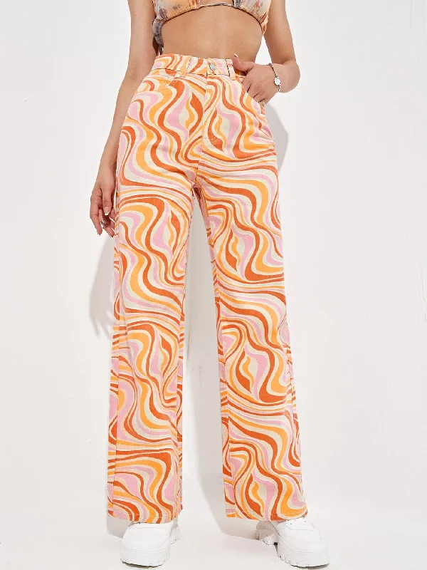 Allover Print Slant Pockets High Waist Wide Leg Jeans