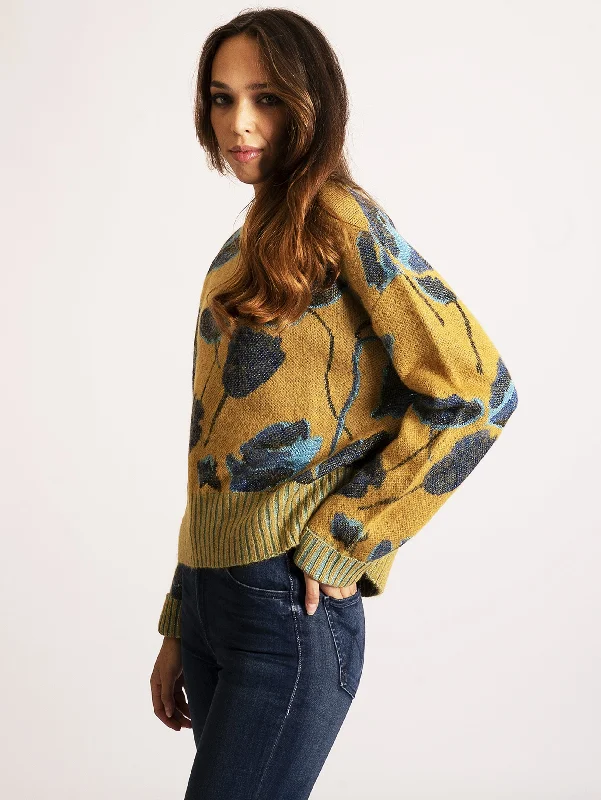 Maglia Girocollo con Ricami Blue/Mustard