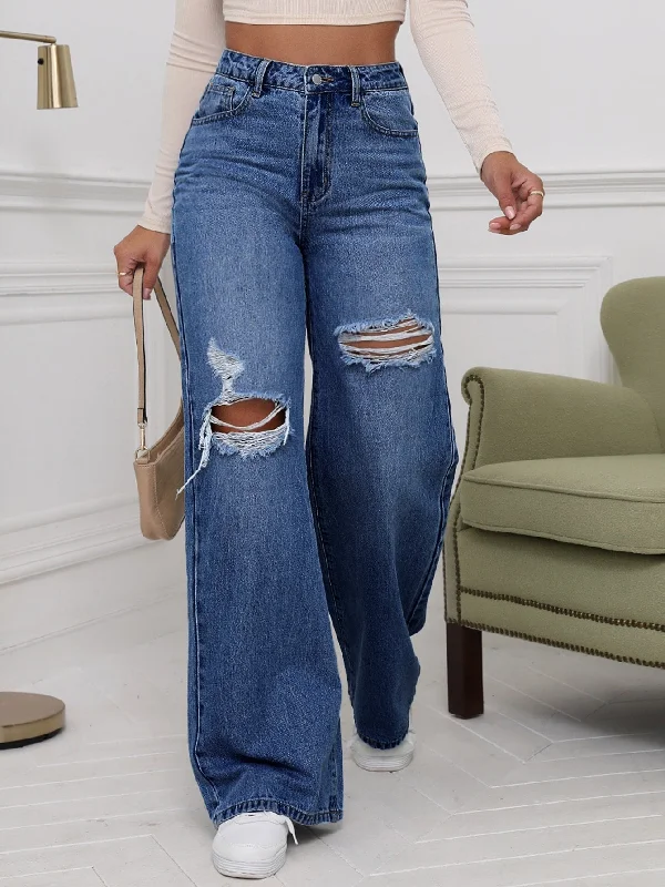 High Waist Ripped Wide Leg Jeans