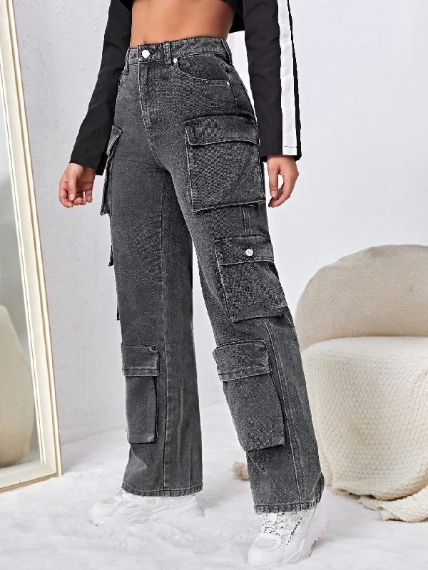 High Waisted Flap Pocket Cargo Jeans