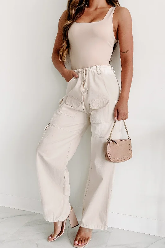 Give Into Me High Rise Wide Leg Cargo Pants (Cream)