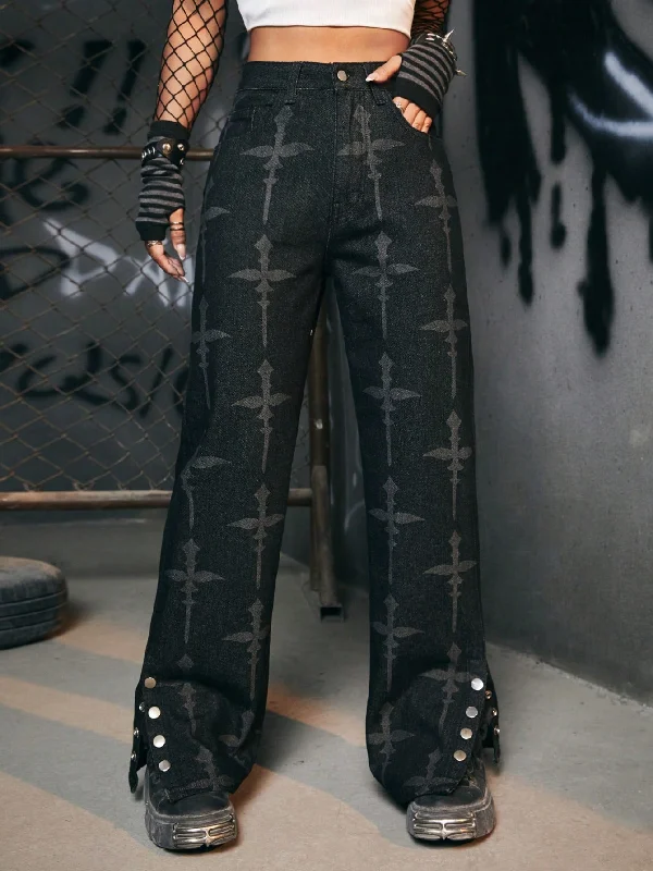 Grunge Punk Cross Print Button Hem Wide Leg Jeans