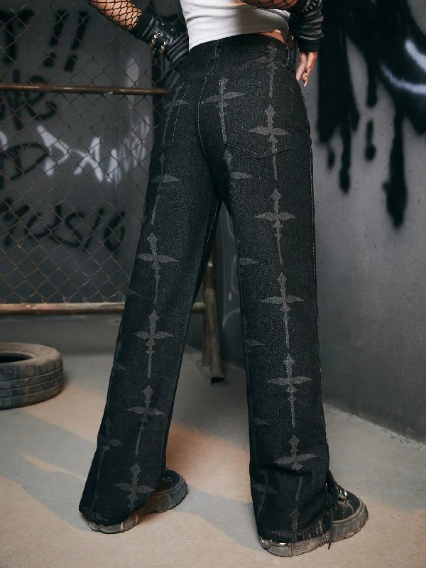 Grunge Punk Cross Print Button Hem Wide Leg Jeans