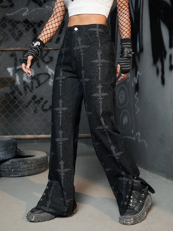 Grunge Punk Cross Print Button Hem Wide Leg Jeans