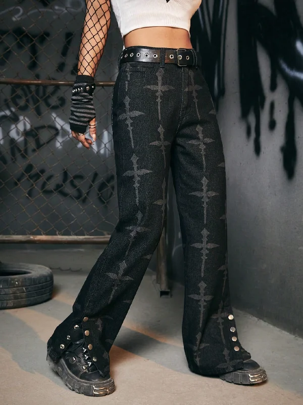 Grunge Punk Cross Print Button Hem Wide Leg Jeans