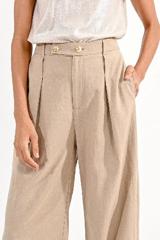 Molly Bracken Light Khaki Wide Leg Linen Trousers