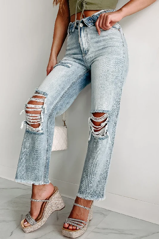 On The Lowdown Flip Waist Distressed Straight Leg Jeans (Medium-Light)