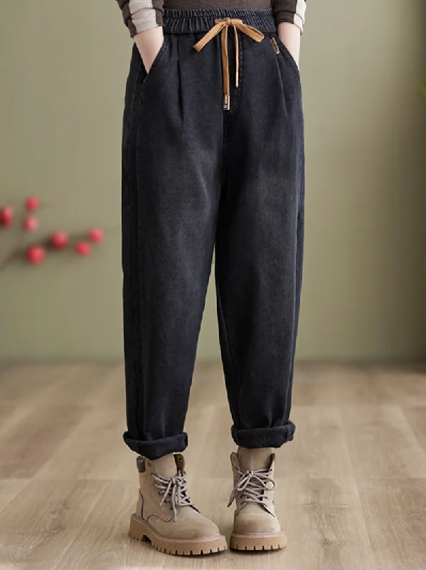 Women's Winter Embroidery Fleece Modern Thickened Loose Jeans Harem Pants