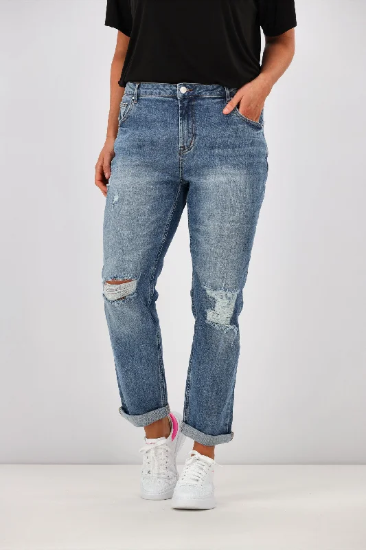 Shine On Label Adira Distressed Boyfriend Jean Mid Blue