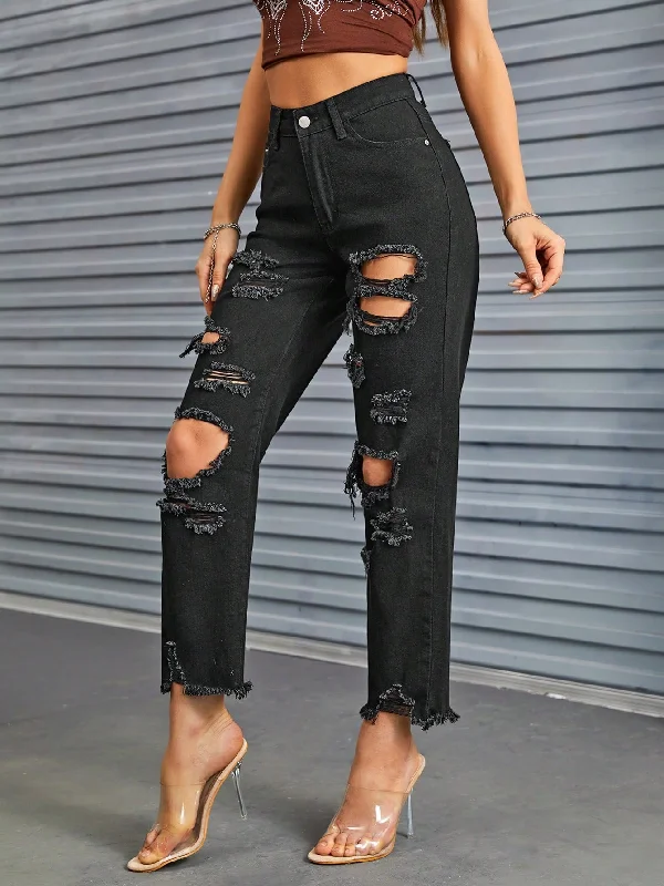 Solid Ripped Raw Hem Jeans Without Belt