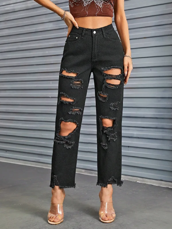 Solid Ripped Raw Hem Jeans Without Belt