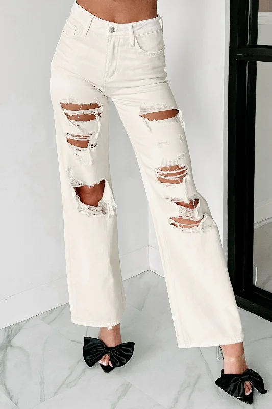 Stop Playin' High Rise Distressed Vervet Dad Jeans (Cream)