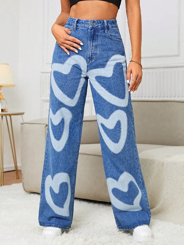 Tall Heart Print Wide Leg Jeans