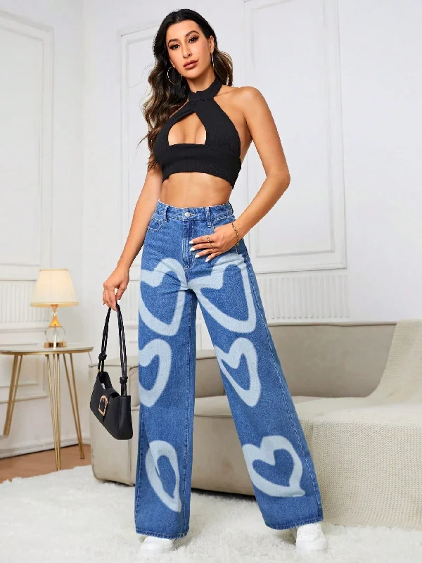 Tall Heart Print Wide Leg Jeans