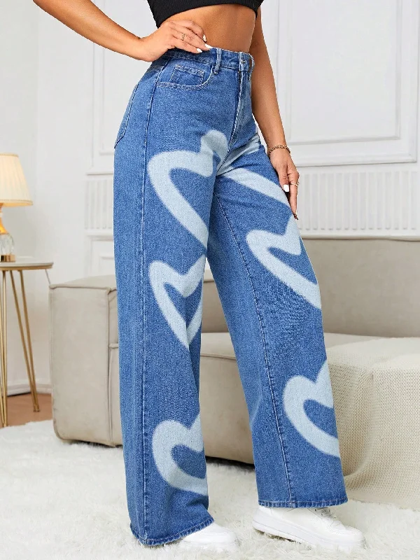 Tall Heart Print Wide Leg Jeans