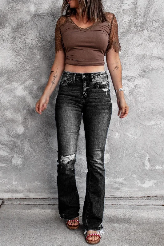 Holes Ripped Tassel Waist Denim Vintage Stretch Slim Jeans