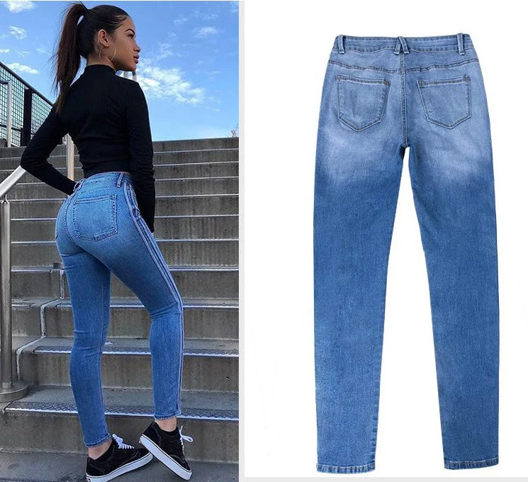 Women Side Stripes High Waist Jeans