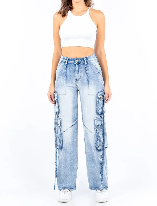 Women's Acid Washed Denim Cargo Pants - AMIRJH30635