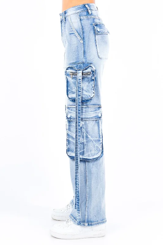 Women's Acid Washed Denim Cargo Pants - AMIRJH30635