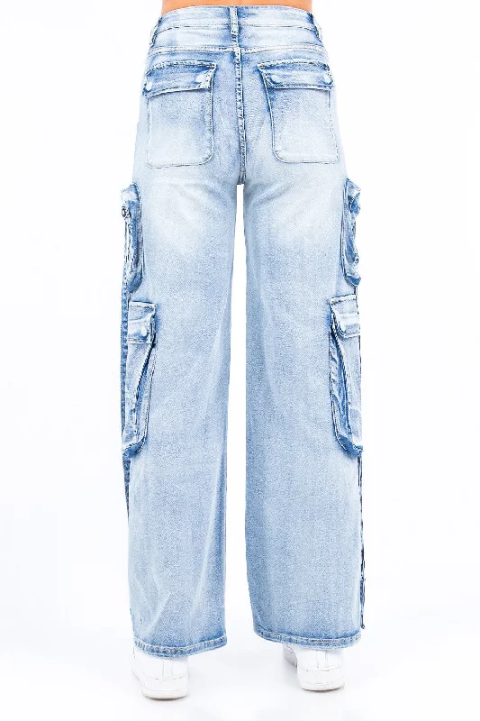 Women's Acid Washed Denim Cargo Pants - AMIRJH30635