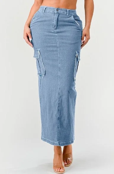 Women's Denim Cargo Skirt with Slit - DAIDC219