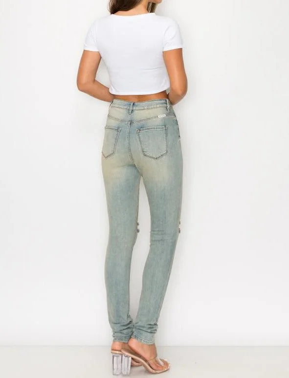 Women's High rise washed down skinny jeans w/hand sanding & sliced knees  - APHAP40515L