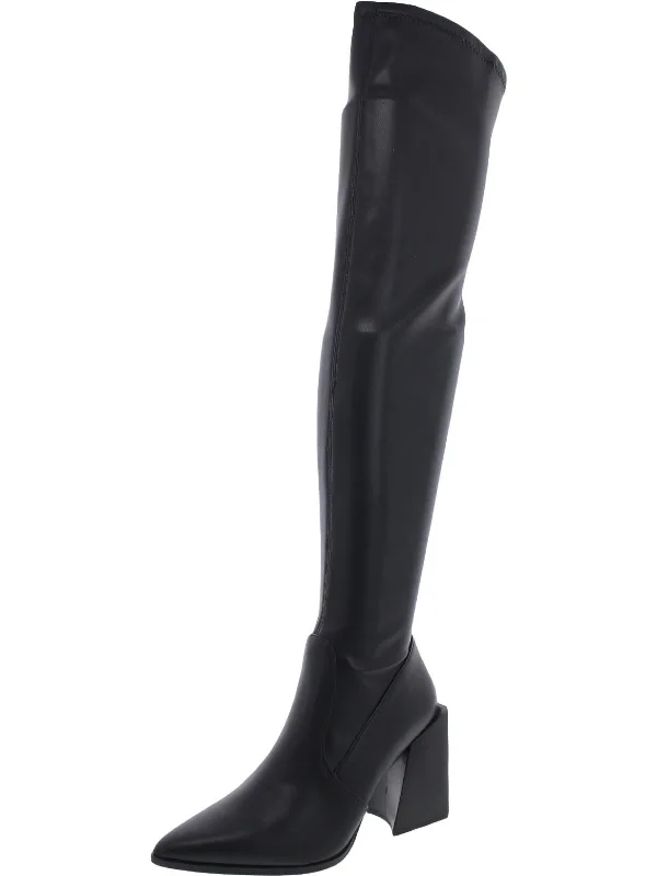 Tanzee Womens Faux Leather Pointed Toe Over-The-Knee Boots