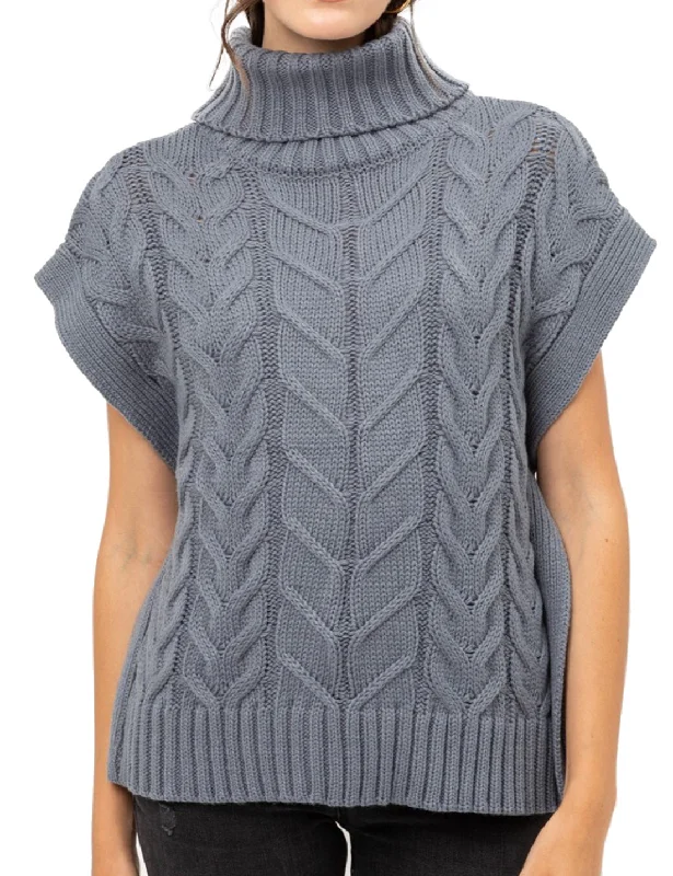 Women's High Neck Short Sleeve Knitted Pullover Sweater Top (FWT1096)