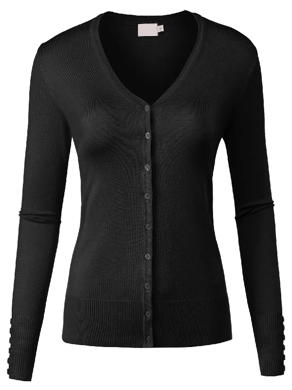 Women's Solid Button Down V-Neck Long Sleeve Knit Sweater Cardigan (FWC1030)