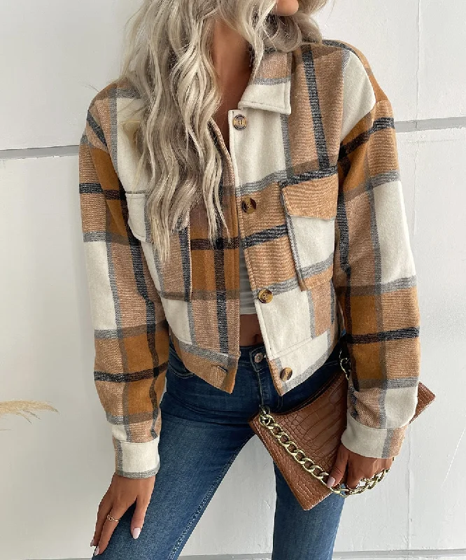 Drop Shoulder Plaid Crop Coat