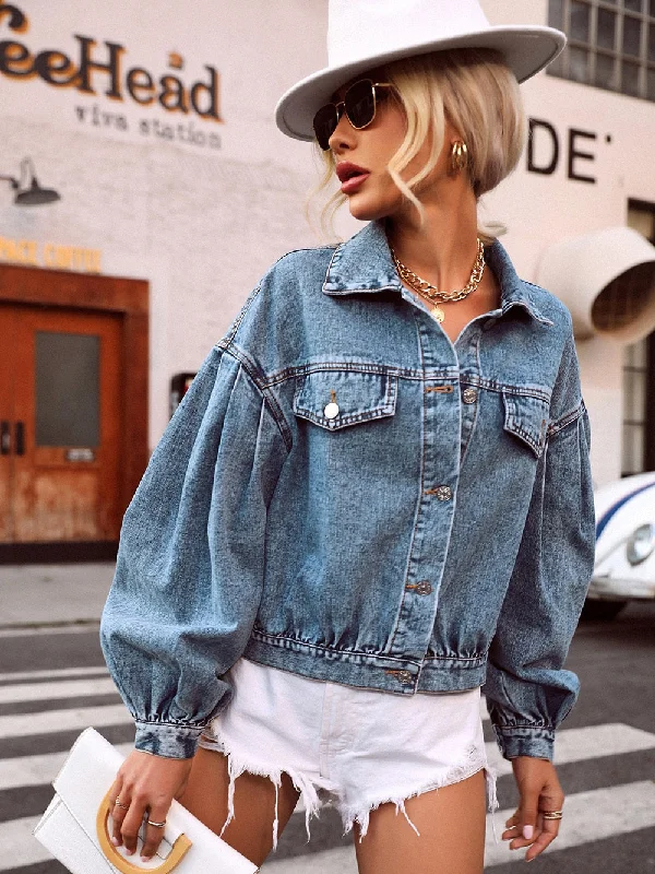 Single Breasted Lantern Sleeve Denim Jacket