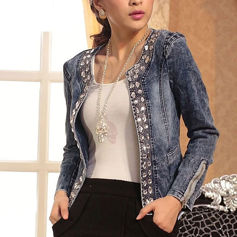 Denim Slim Zipper Sequins Jacket