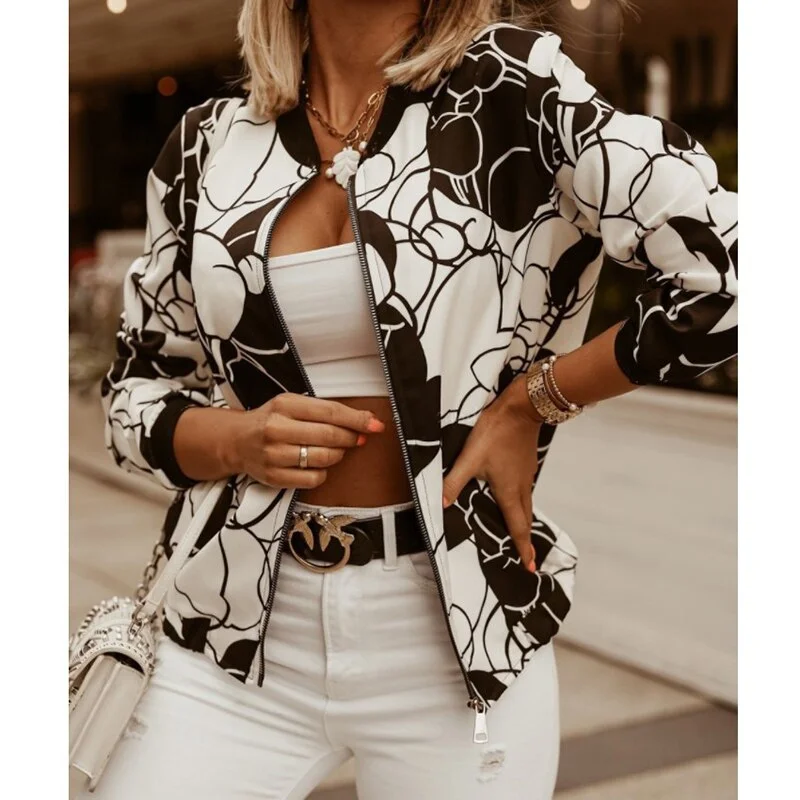 Flower Print Long Sleeve Zipper Jacket