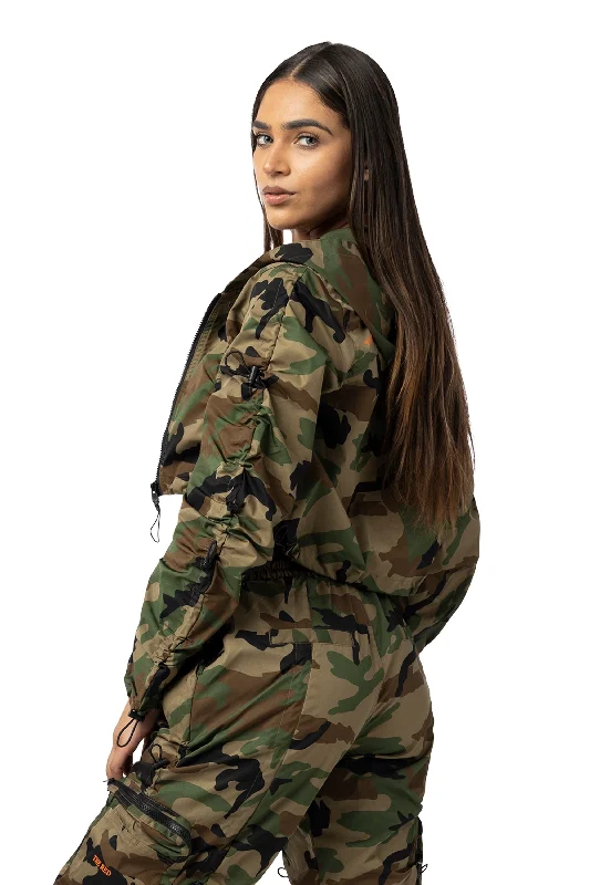 Cropped Full Zip Hoodie Jacket - Wood Camo