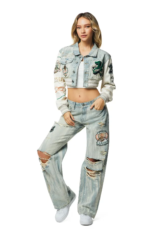 Cropped Varsity Jean Jacket - Leo Blue