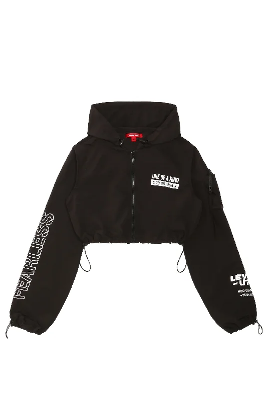 Cropped Windbreaker Full Zip Jacket - Black