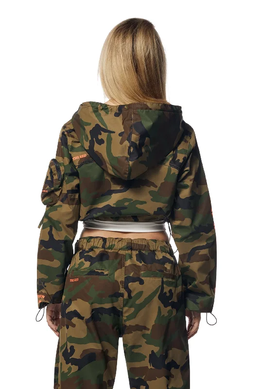 Cropped Windbreaker Full Zip Jacket - Wood Camo