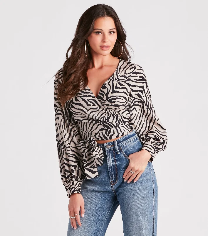 Go-Getter Gal Zebra Print Wrap Tie Top