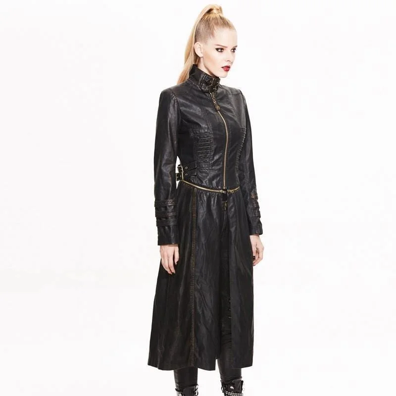 Women's Long Faux Leather Punk Jacket