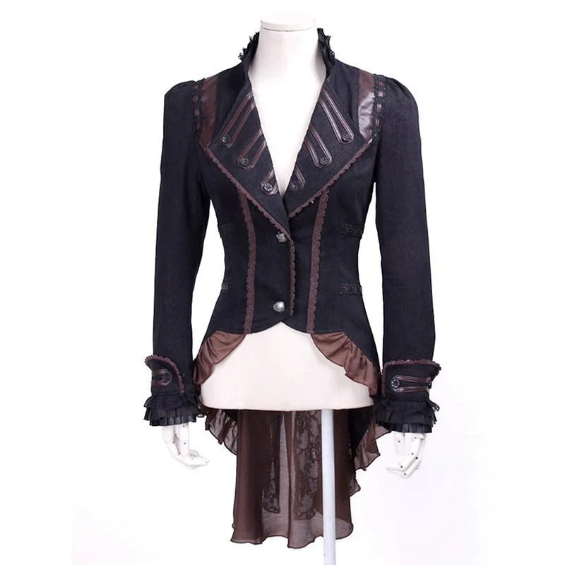 Steampunk Women's Faux Leather Lapel Lace Swallow Tailed Ruffle Coat