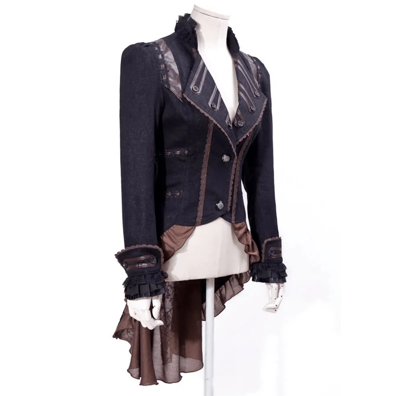 Steampunk Women's Faux Leather Lapel Lace Swallow Tailed Ruffle Coat