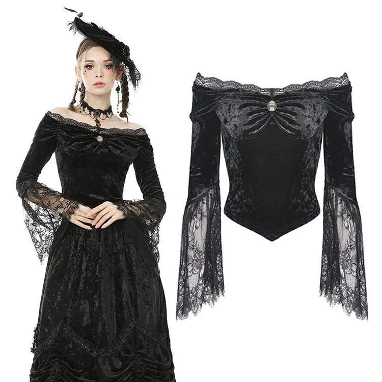 Women's Goth Off Shoulder Floral Lace Sleeve Velet Tops