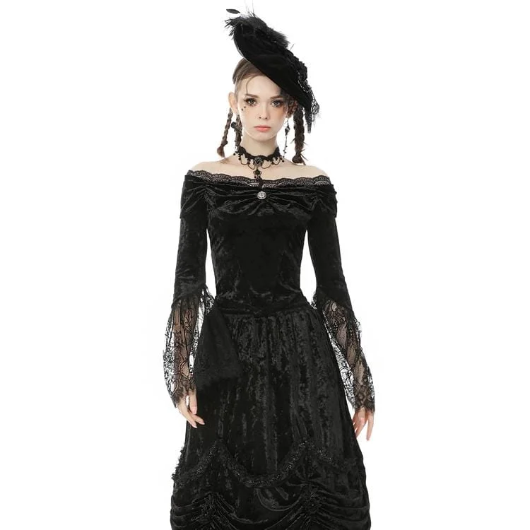 Women's Goth Off Shoulder Floral Lace Sleeve Velet Tops