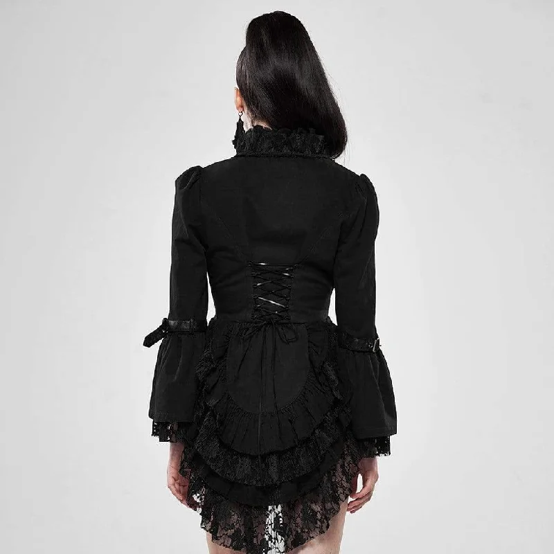 Women's Goth Stand Collar Lace Tailed Ruffle Coat