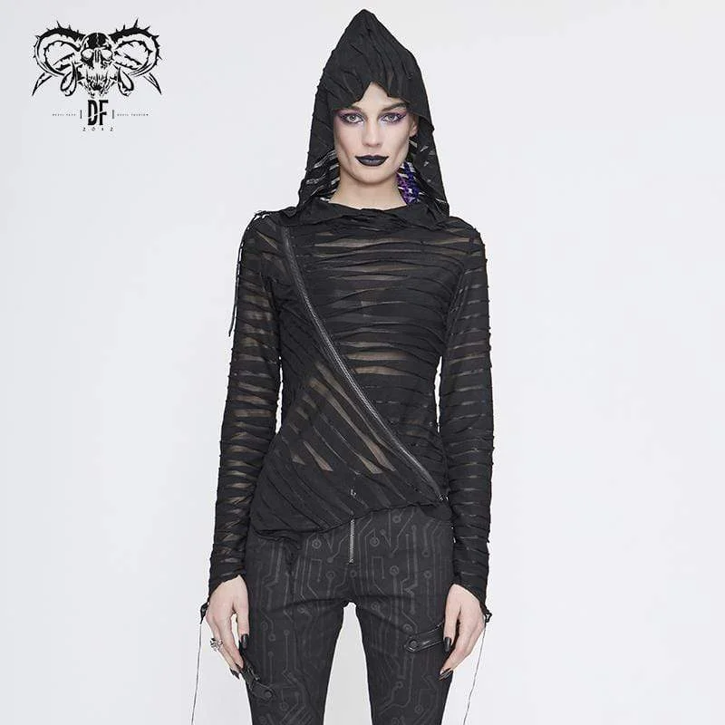 Women's Gothic Asymmetrical Sheer Long Sleeved Tops with Hood