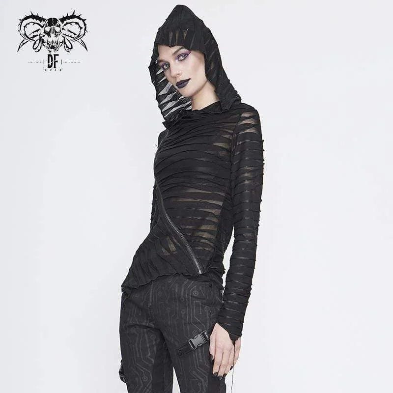 Women's Gothic Asymmetrical Sheer Long Sleeved Tops with Hood